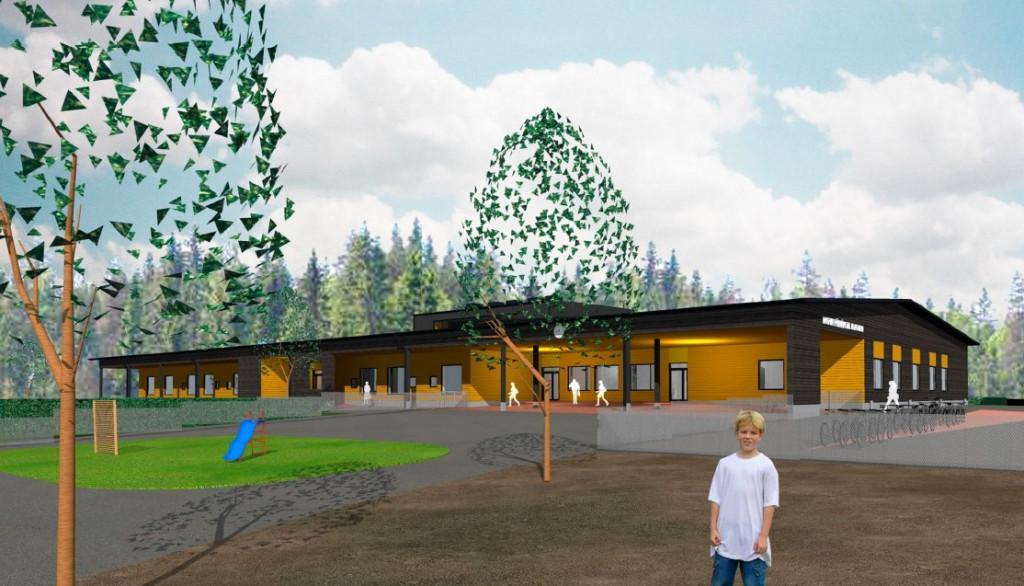 Havainnekuva: matala koulurakennus, jonka takana metsää ja edessä lapsi koulun pihalla.