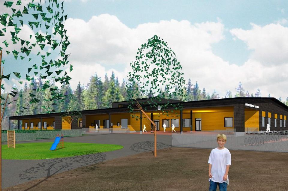 Havainnekuva: matala koulurakennus, jonka takana metsää ja edessä lapsi koulun pihalla.