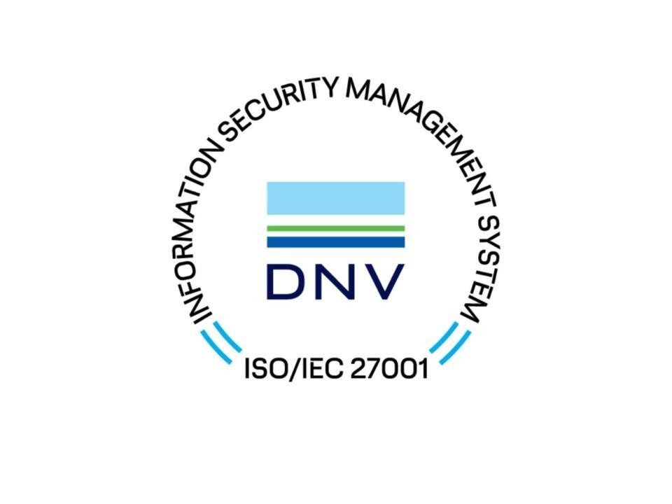 Tietoturvasertifikaatin logo, jossa lukee: "information security management system ISO/IEC 27001".